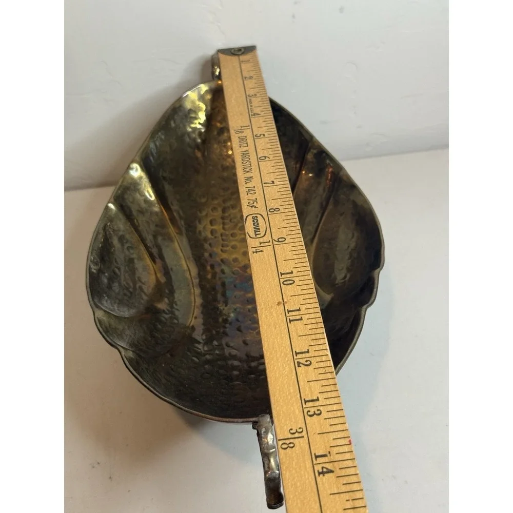 Vintage Hammered Brass Console Fruit Bowl with Side Handles & Scalloped Sides